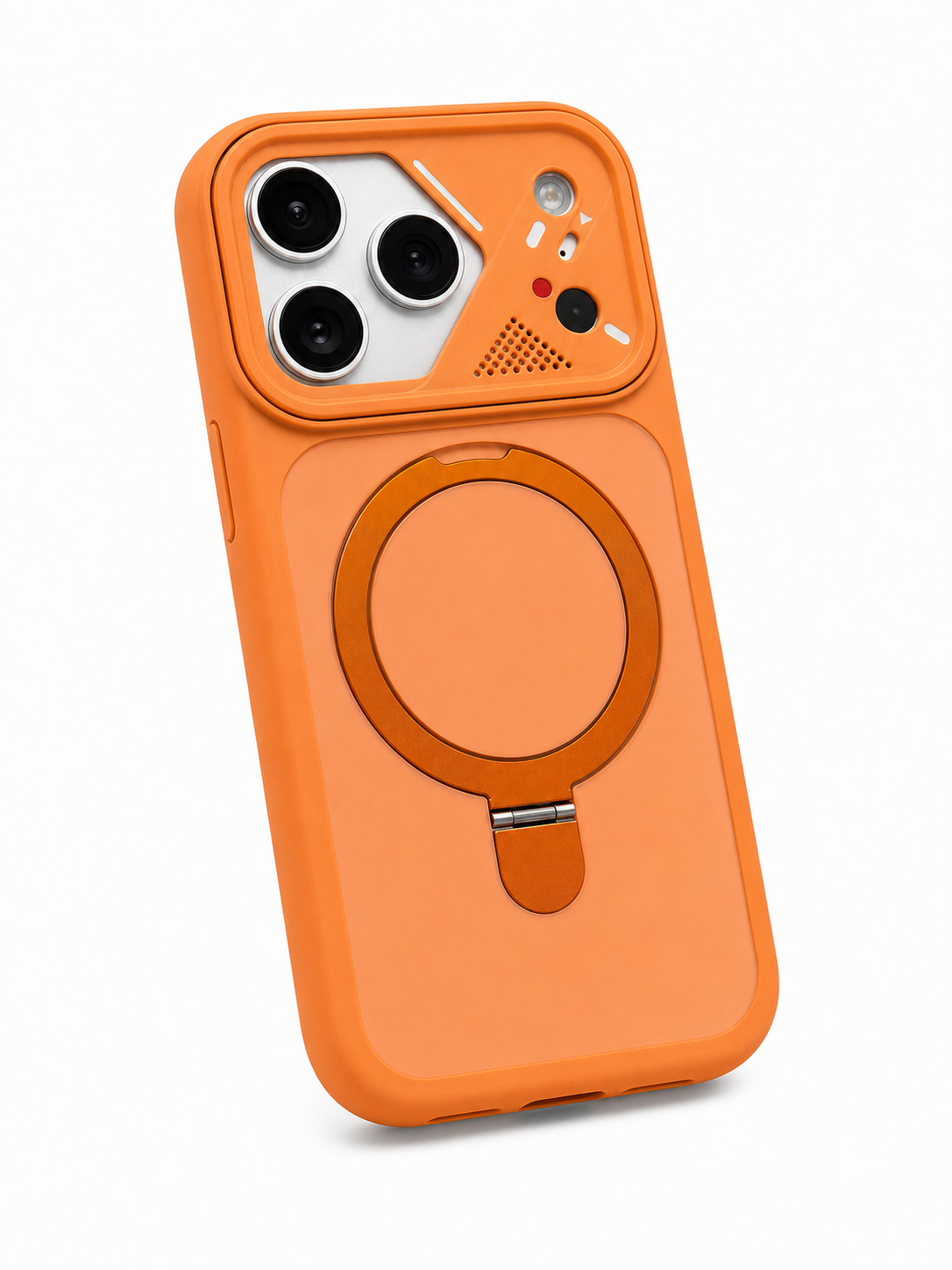 ArcStand Magnetic iPhone Case in Orange – angled back view with magnetic ring and kickstand | ModSoles