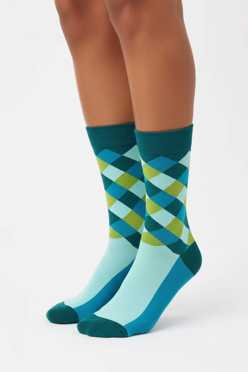 Argyle Pop crew socks flat lay showing blue, yellow, and teal diamond argyle pattern