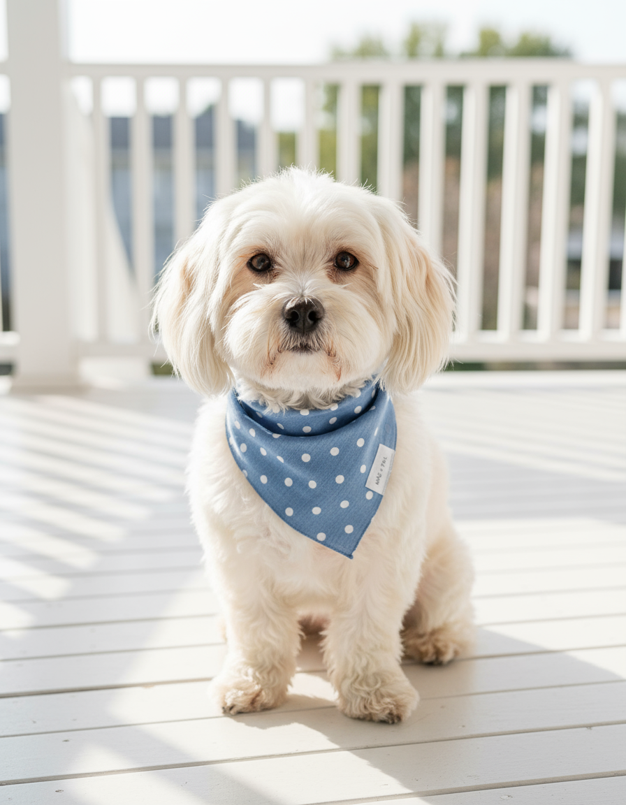 Wag + Tail Blue Bubble dog scarf showing blue bubble pattern tie-on scarf flat lay