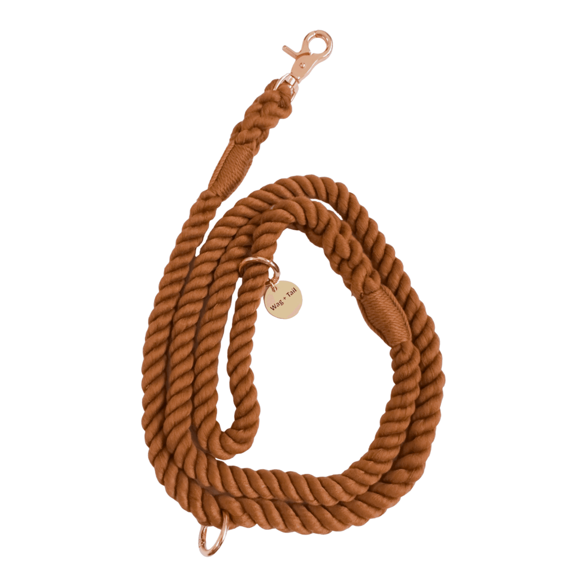 Wag + Tail brown rope dog leash alternate view showing full length and grip construction
