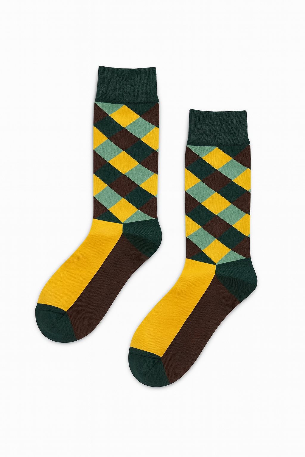 Checker Charm socks close-up showing mustard and green checker diamond construction
