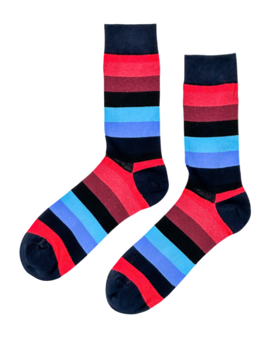 Classic Contrast red and navy blue crew socks with bold horizontal stripes