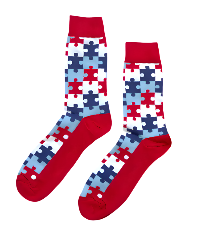 Funky Crimson Puzzle colorful cotton crew socks from ModSoles with a fun puzzle-style pattern for standout everyday wear