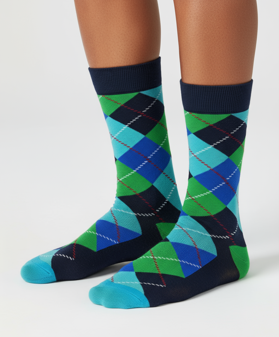 Emerald Ocean Argyle crew socks flat lay showing emerald green and navy diamond argyle pattern