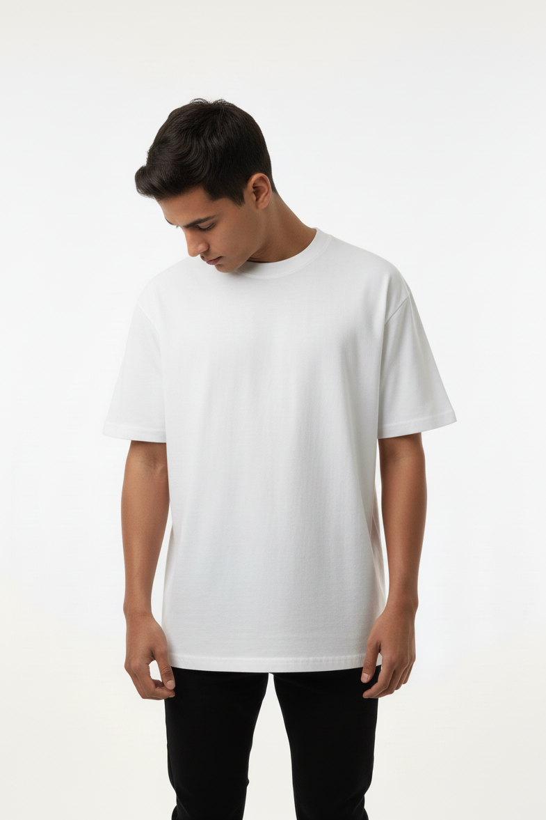 A person wearing a well-fitted, white ModSoles 100% premium cotton t-shirt