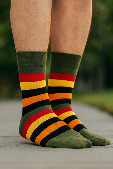 Olive Pine green socks – premium cotton blend crew socks with bold stripe pattern by ModSoles
