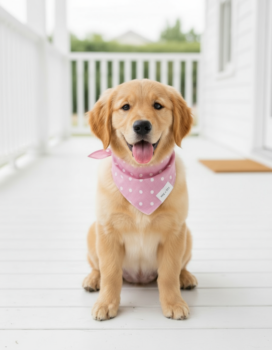 Wag + Tail Pink Bubble dog scarf showing pink bubble pattern tie-on scarf flat lay