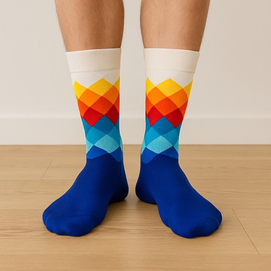 Model wearing Prestige Spectrum socks – stylish and colorful crew socks for everyday wear.