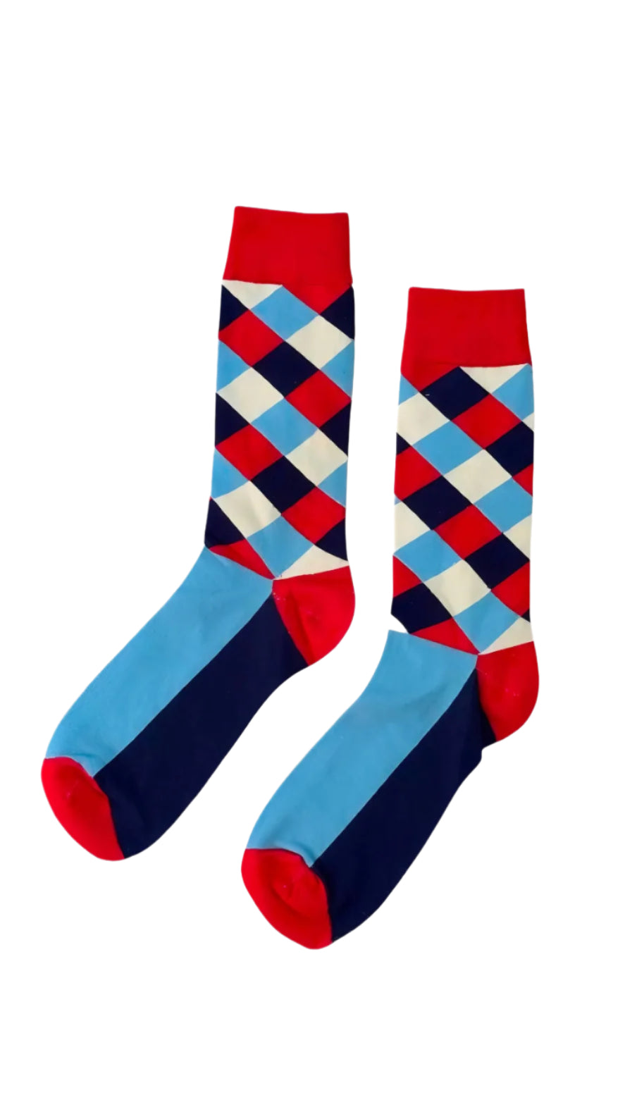 Retro Riot crew socks with bold red, blue, and navy argyle pattern – ModSoles