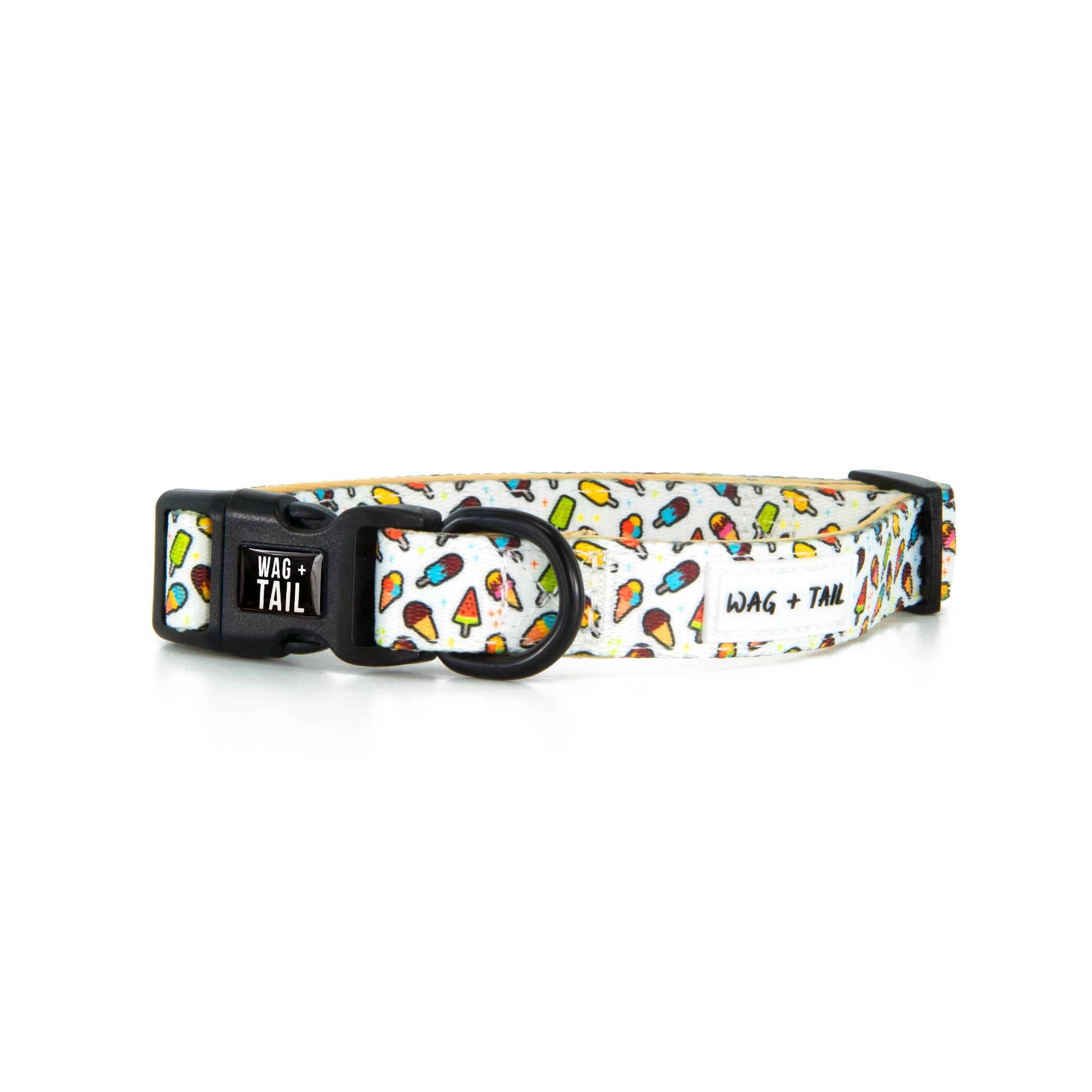Sweet Scoops dog collar lifestyle shot showing ice cream pattern collar on dog