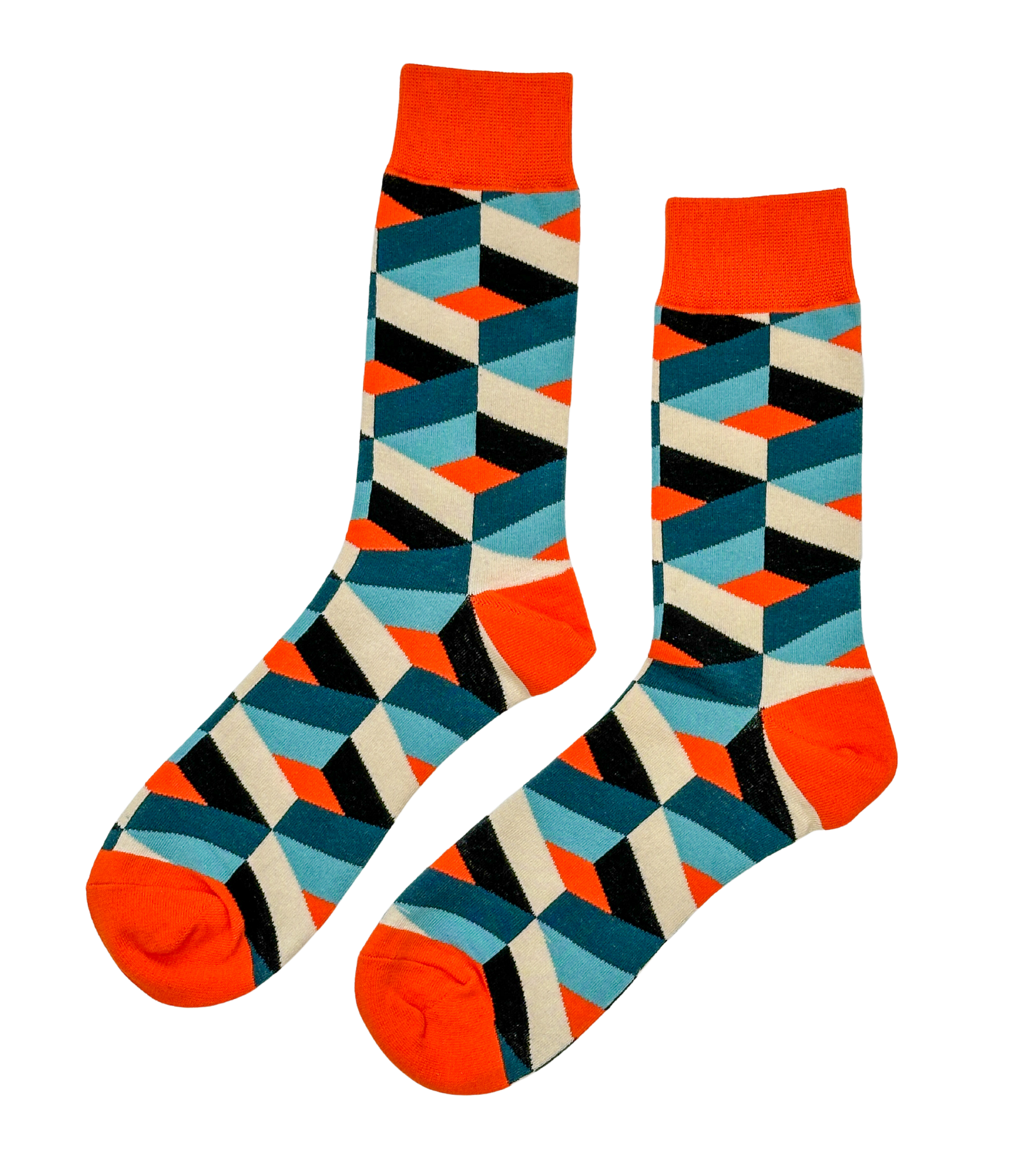 Tangerine Mosaic socks – orange geometric pattern with teal accents for a vibrant urban look