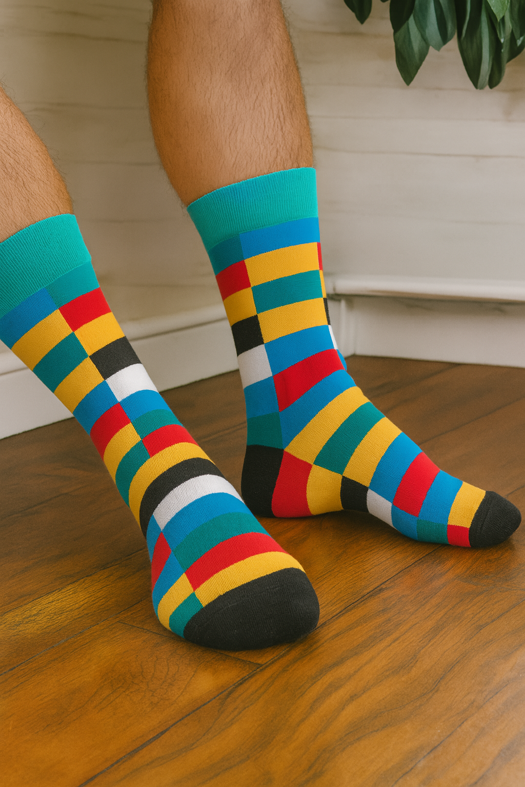 Urban Mosaic crew socks featuring geometric design and urban color palette