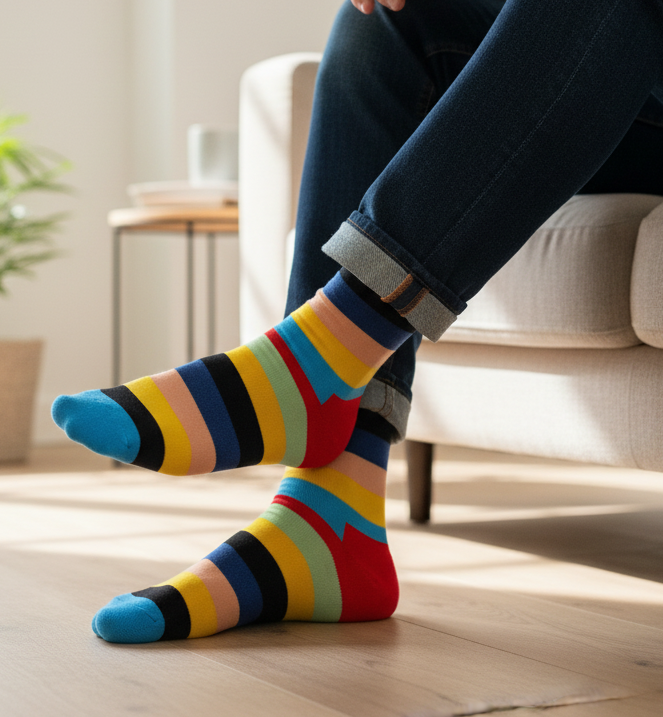 Person wearing colorful striped socks sitting on a couch in a living room.