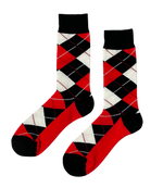 Cherry Snow Argyle socks with unique red and white patterns, perfect for a festive and stylish look, quality socks by ModSoles.