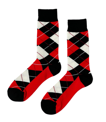 Cherry Snow Argyle socks with unique red and white patterns, perfect for a festive and stylish look, quality socks by ModSoles.