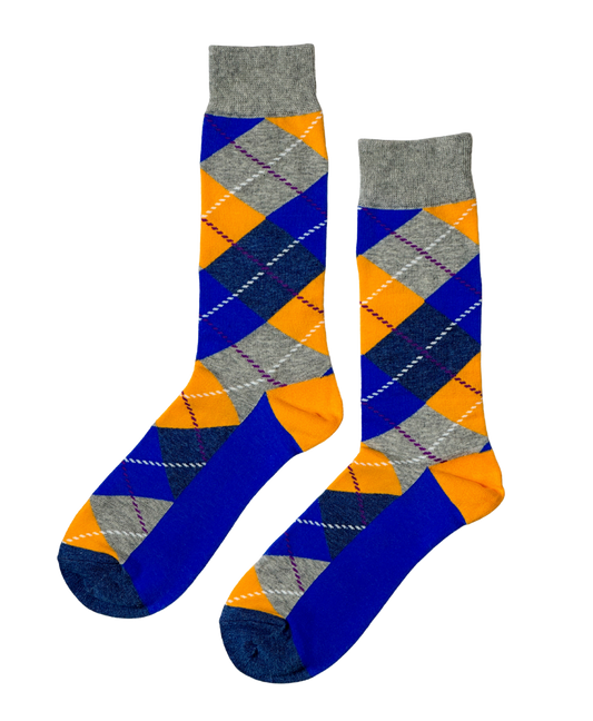 Golden Sky Argyle socks with vibrant yellow and blue patterns, high-quality, stylish, and comfortable socks by ModSoles.