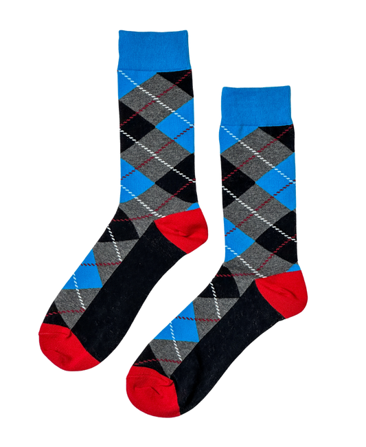 Slate Fusion Argyle socks with a sleek gray and blue pattern, offering a blend of modern style and comfort.