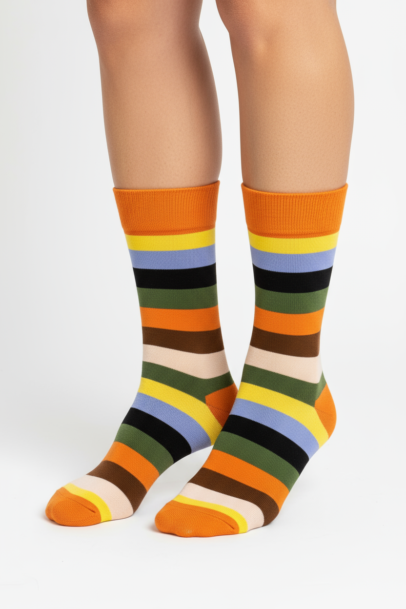 Amber Pine crew socks flat lay showing warm amber and earthy brown stripe detail