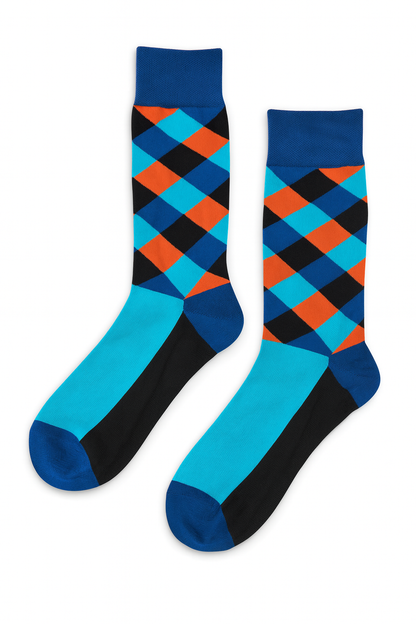 Argyle Inferno socks close-up showing blue and orange argyle diamond construction