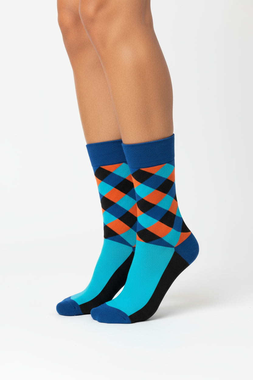 Argyle Inferno bright argyle crew socks by ModSoles with bold contrasting colors for a standout look