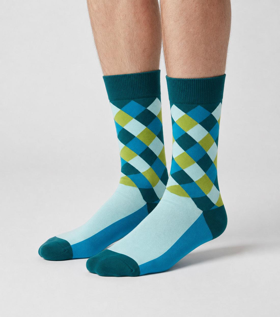 Argyle Pop crew socks flat lay showing blue, yellow, and teal diamond argyle pattern