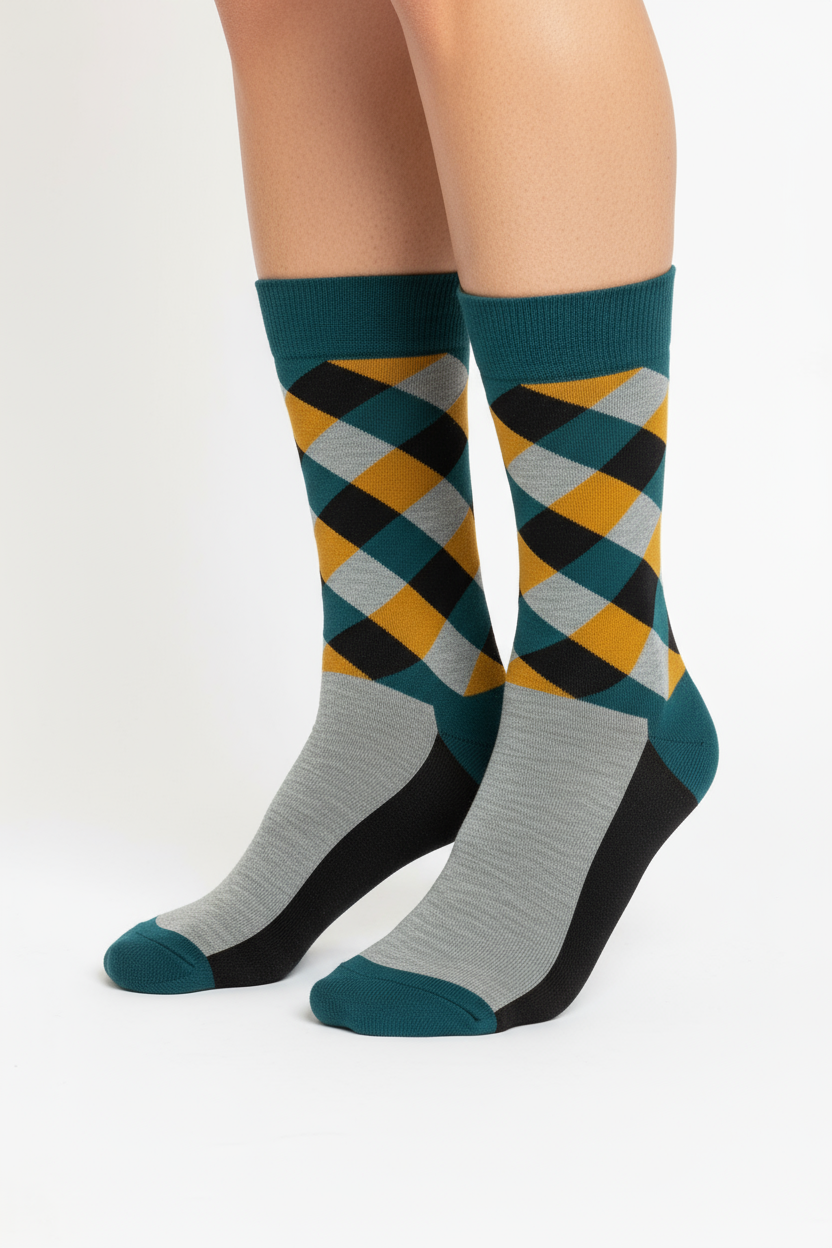 Argyle Twist crew socks flat lay showing bold multicolor diamond argyle pattern