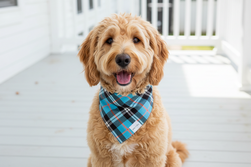 Wag + Tail Atlantis Blue Plaid reversible dog bandana flat lay showing blue plaid side