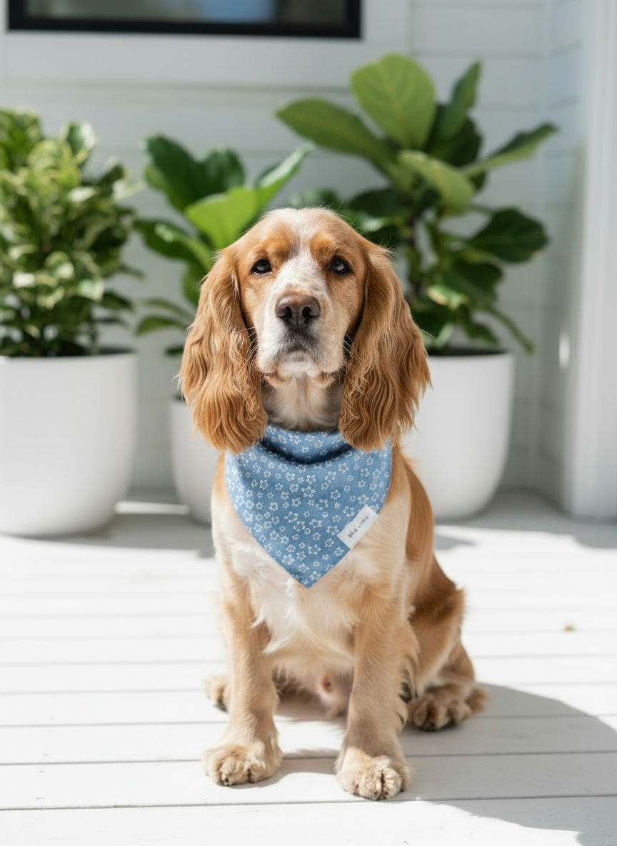 Wag + Tail Blue Blossom dog scarf showing blue floral print tie-on bandana flat lay