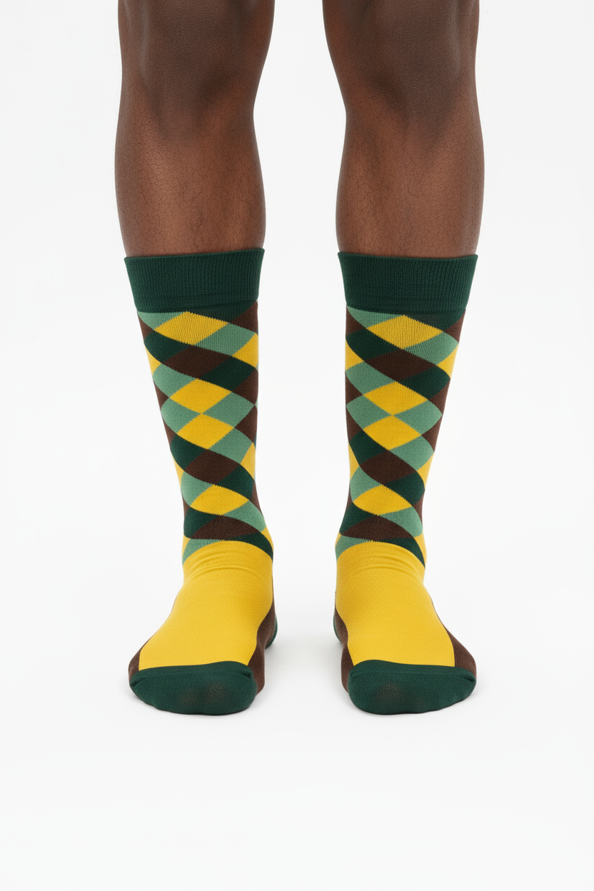 Checker Charm crew socks flat lay showing mustard yellow and forest green checker argyle pattern