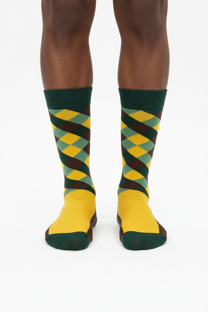 Checker Charm crew socks flat lay showing mustard yellow and forest green checker argyle pattern