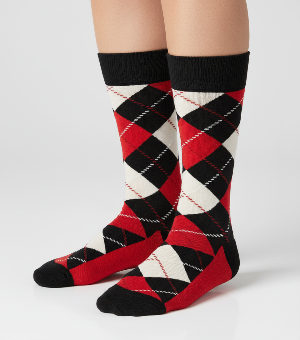 Cherry Snow Argyle colorful argyle crew socks by ModSoles featuring bold cherry tones with soft snow-white accents for a playful stylish look
