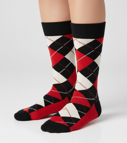 Cherry Snow Argyle colorful argyle crew socks by ModSoles featuring bold cherry tones with soft snow-white accents for a playful stylish look