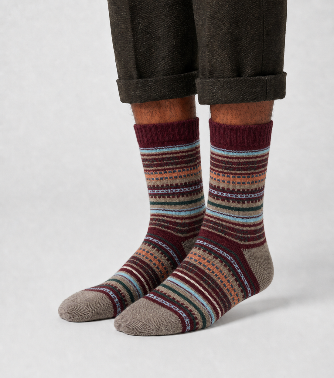 Chestnut Loom socks flat lay showing warm burgundy and tan autumn-tone wool-blend knit