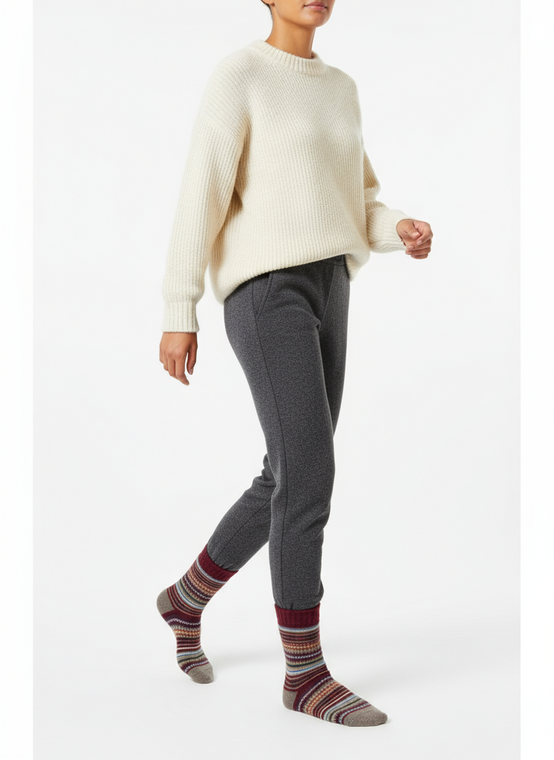 Cozy wool-blend Chestnut Loom socks with autumn-inspired stripes and breathable comfort