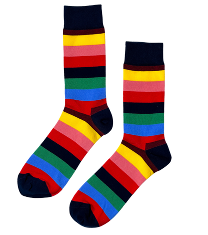 Diverse Charm socks styled view showing full multicolor pattern construction and cuff detail