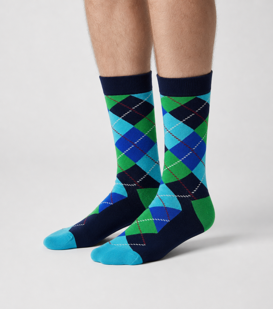 Emerald Ocean Argyle crew socks flat lay showing emerald green and navy diamond argyle pattern