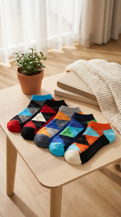 Everyday Pack argyle socks close-up showing low-cut ankle construction