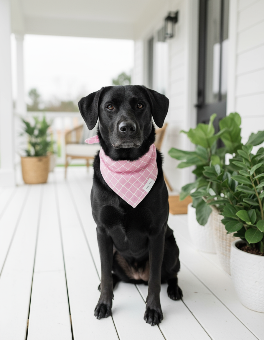 Wag + Tail Flamingo Stripe dog scarf showing pink flamingo-toned stripe pattern