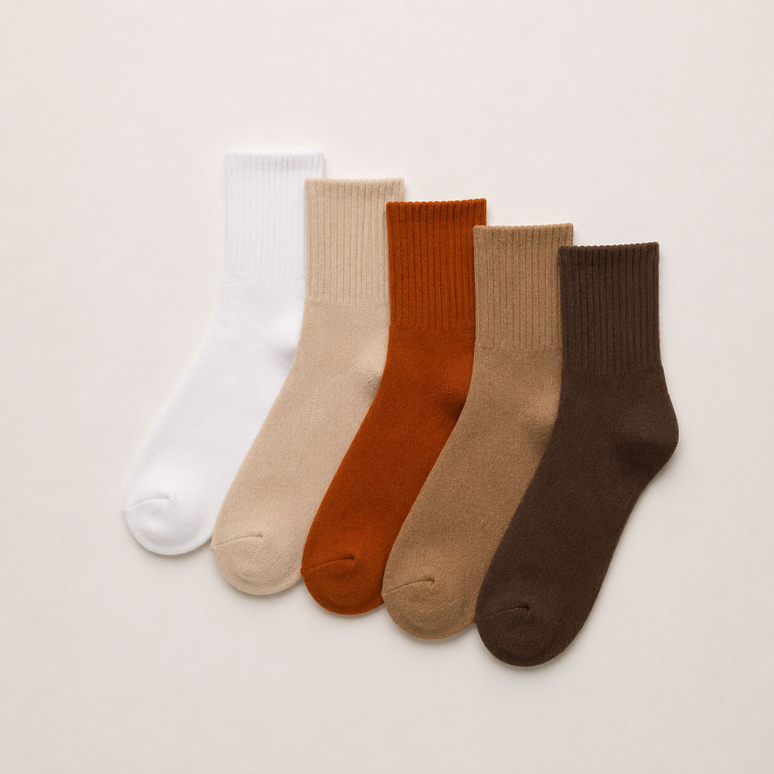Foundation Pack solid crew socks in white, cream, rust, taupe, and dark brown