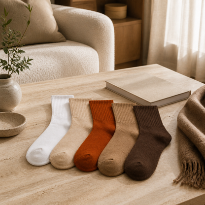 Foundation Pack crew socks flat lay showing five neutral solid colorways