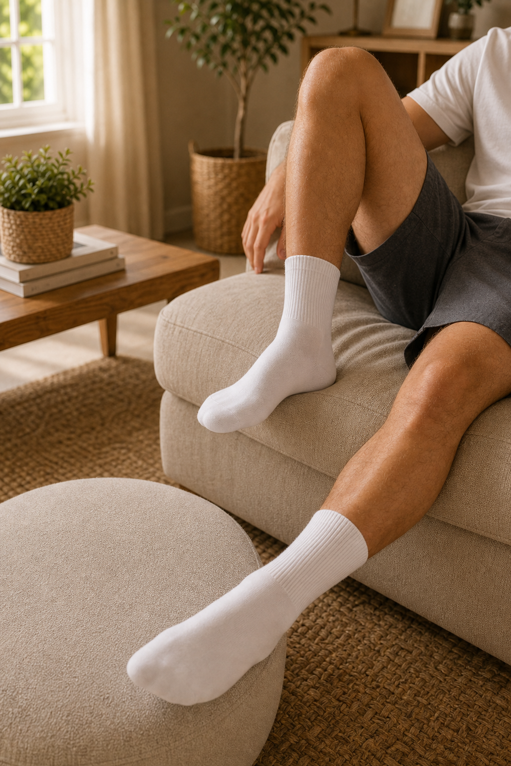 Foundation Pack crew socks styled with casual sneakers in taupe tone