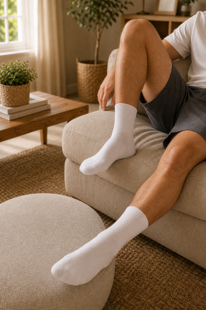 Foundation Pack crew socks styled with casual sneakers in taupe tone