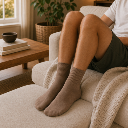 Foundation Pack crew socks in rust, paired with everyday business wear