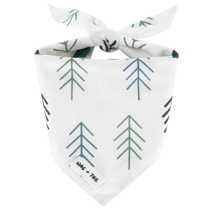 Frosted Pines dog bandana lifestyle shot showing pine print reversible bandana on dog
