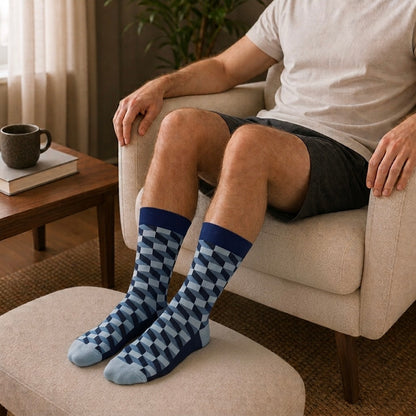 Funky Blues crew socks, blue geometric stripe pattern, from the Momentum Pack