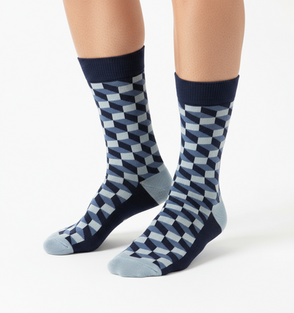 Funky Blues crew socks flat lay showing layered cool-tone blue geometric stripe pattern