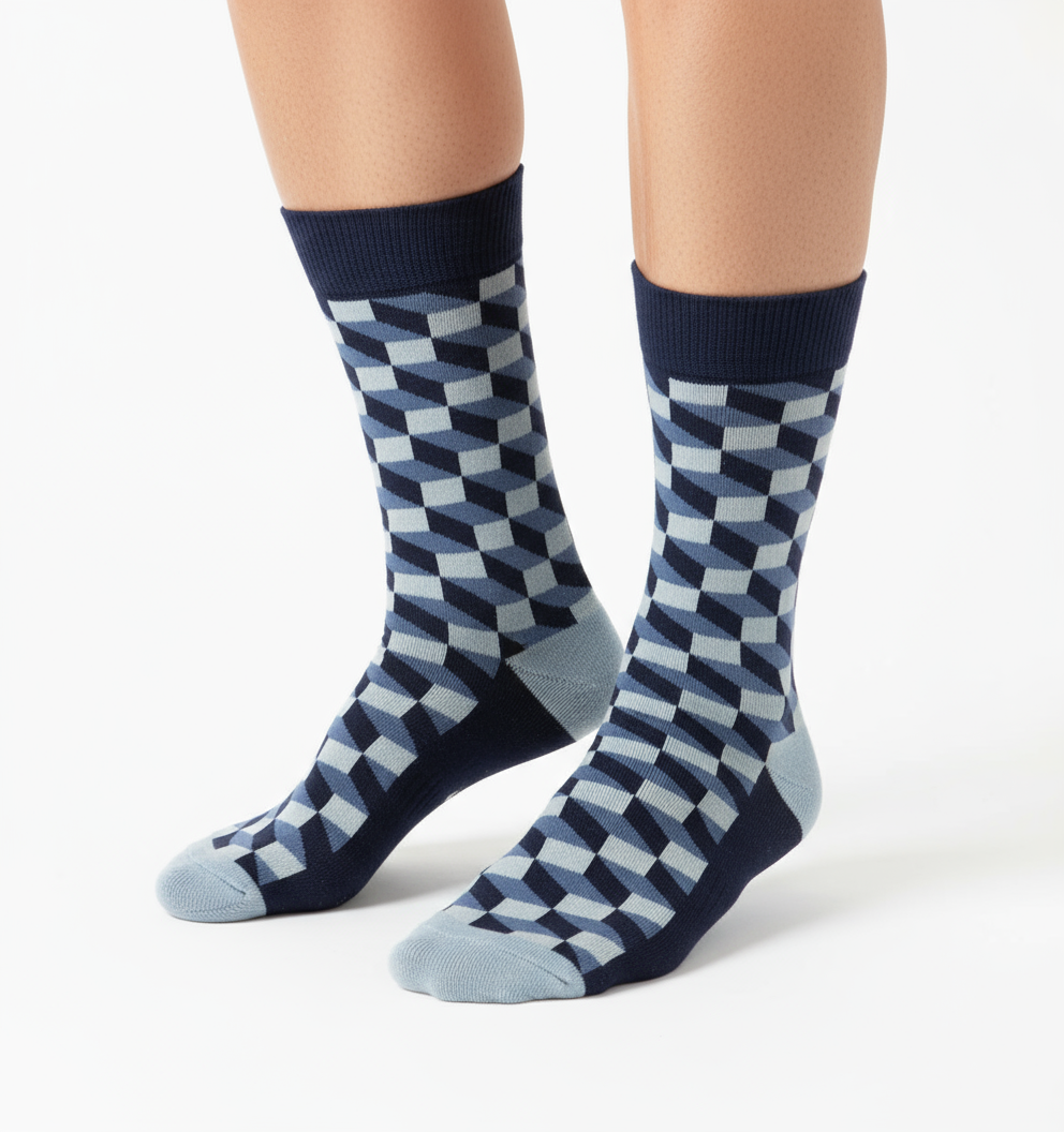 Funky Blues colorful blue crew socks by ModSoles featuring layered cool-tone stripes for a bold playful style