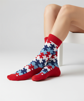 Funky Crimson Puzzle bold patterned crew socks by ModSoles featuring a vibrant crimson geometric design for playful outfits