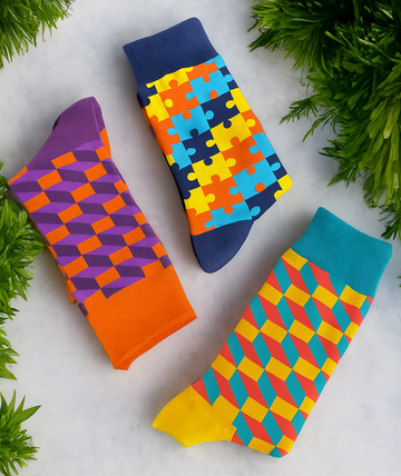 Funky-Fusion collection featuring vibrant, geometric patterned socks in bold colors, perfect for expressive fashion lovers