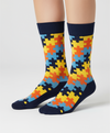 Funky Sunset Puzzle colorful patterned crew socks by ModSoles inspired by warm sunset tones and playful geometric shapes